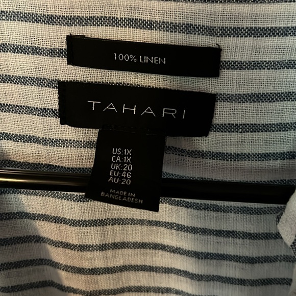 TAHARI linen blue striped long sleeve blouse - Picture 2 of 3